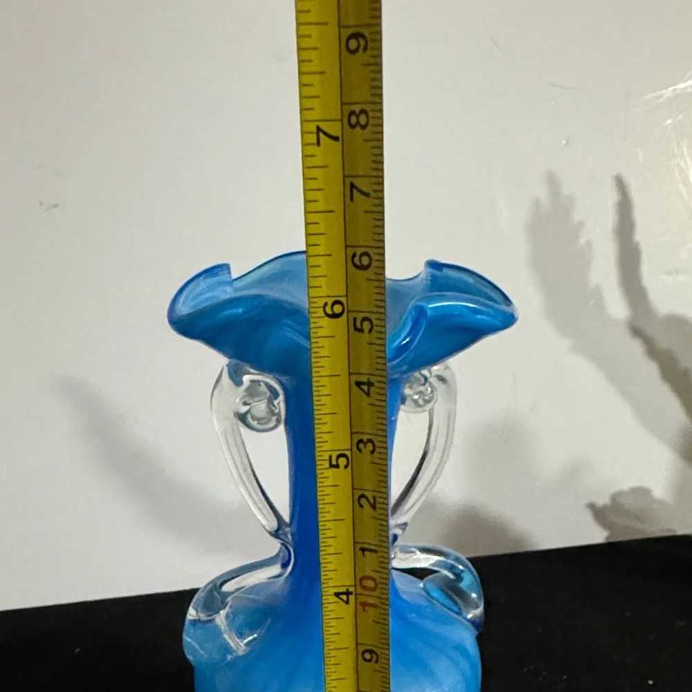 Vintage 1950s 6 inch hand blown glass blue vase with double handles